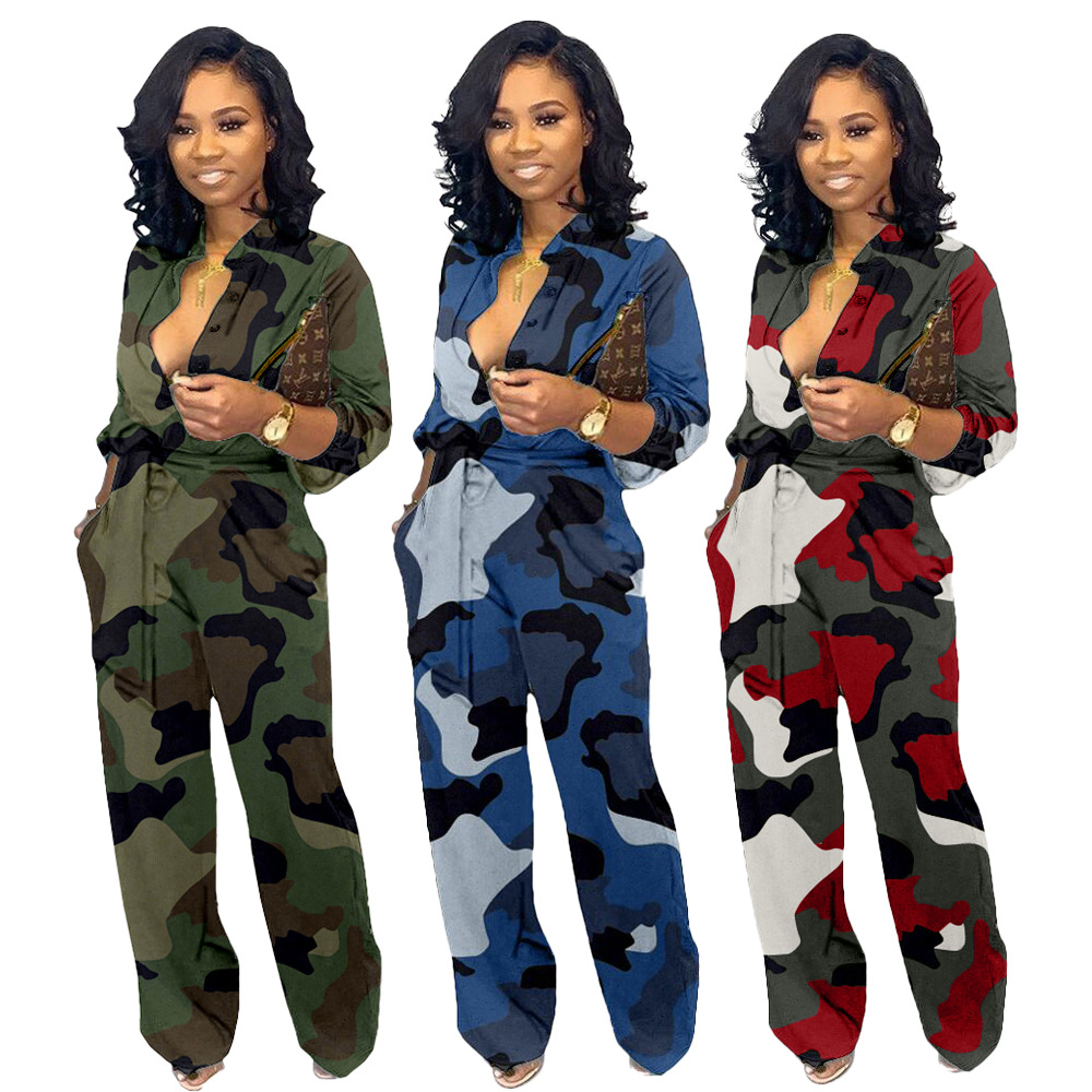 jumpsuit Trend 2021 European spring and autumn lapel pocket wide leg pants long sleeve camouflage jumpsuit, support mixed batch-image-396935411