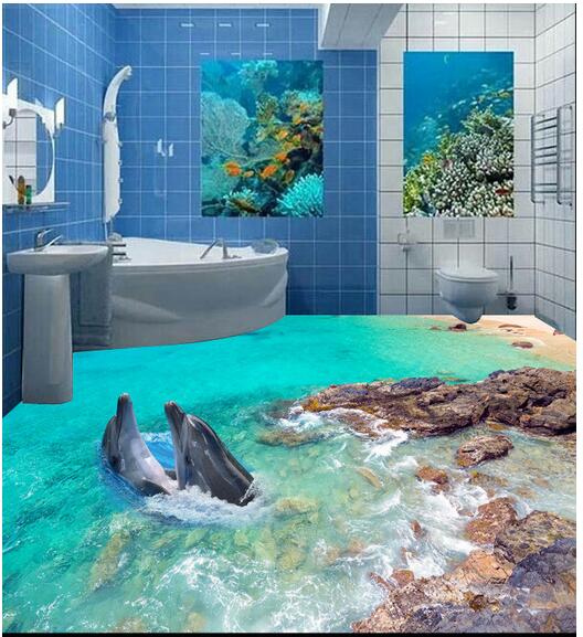 

3d pvc flooring custom photo Self-adhesive wall paper Waterproof floor Underwater world dolphin rock 3d wall murals wallpaper for walls 3 d, Customize