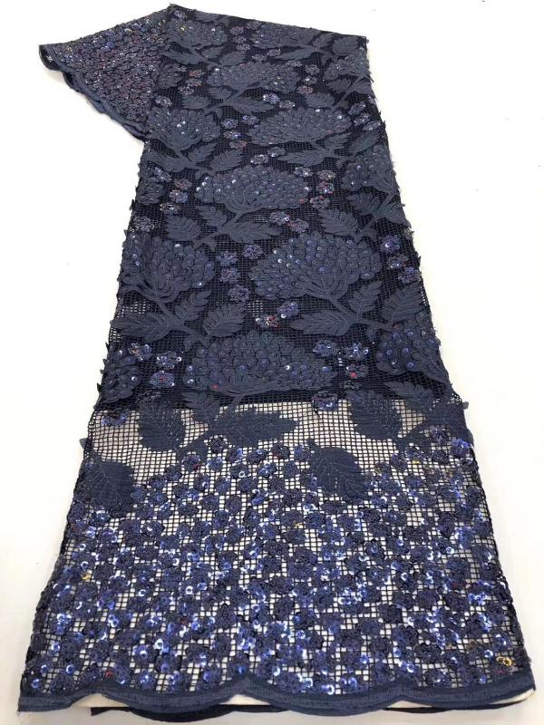 

Latest Royal Blue African embroidered tulle fabric 2020 high quality French milk silk lace fabric with 3D sequins in 5 yards