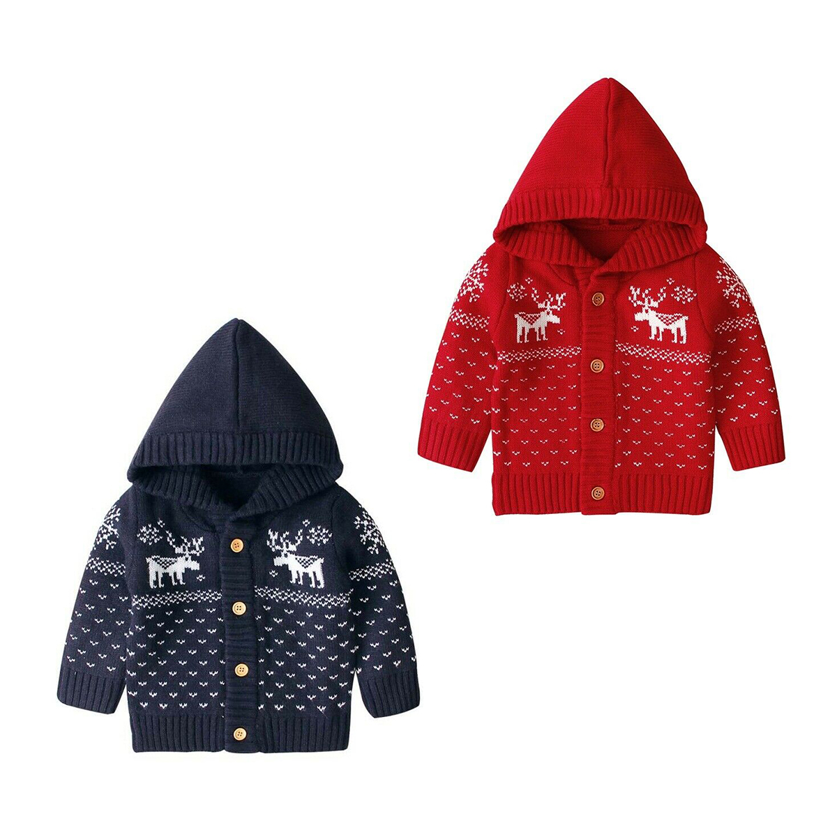 

Newborn Boy Baby Girl Knitted Coat Hoodies Cardigan Christmas Clothes Winter Warm Deer Hooded Sweater Outwear, Red