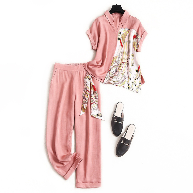 

Women casual floral Embroidery 3D Flower Tshirts +chiffon pants 2pcs Clothing Sets Summer Casual Suits, Pink