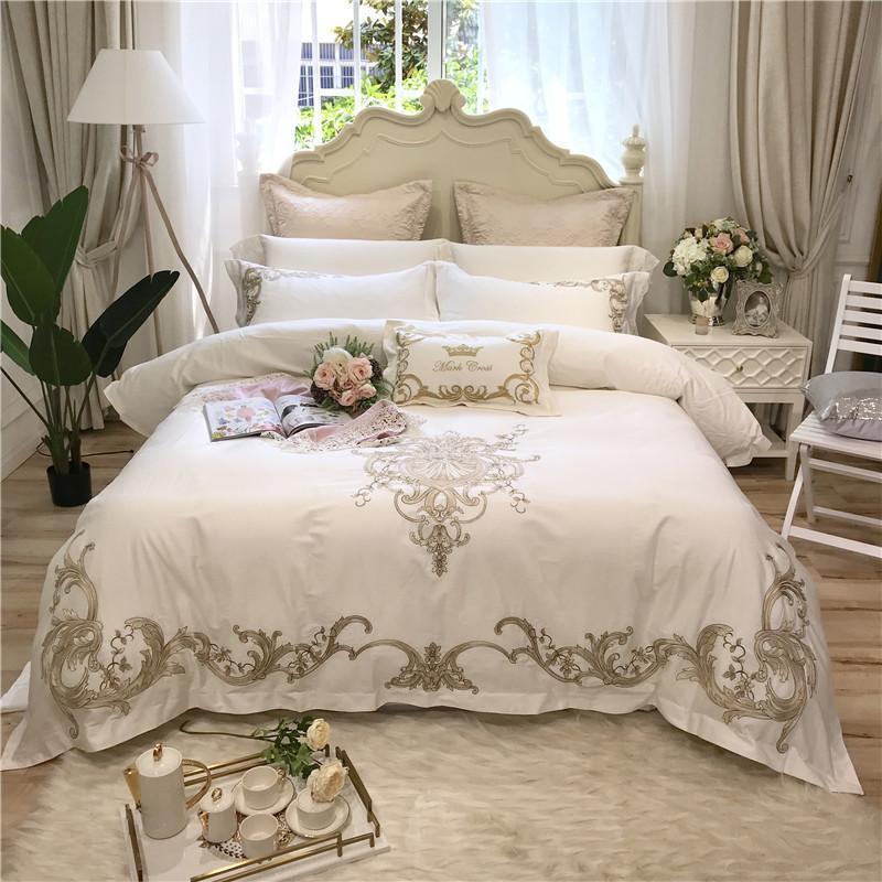 

J 4 4/7pcs White Pink Golden Embroidery 80S Egyptian Cotton Bedding Set King Queen Size Duvet Cover Bed Sheet Pillowcases