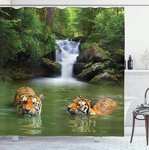 

Tigers in Water Waterfall Swimming Natural Shower Curtains Waterproof Bathroom Decor with Hooks 3D Girls Boys Gifts