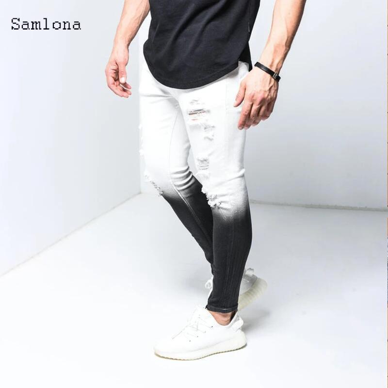 Europe and America Male Denim Pants Gradient Trousers Hole Stretch Zipper-cuff Mid-Waist pocket Leisure 2020 New Men's Jeans