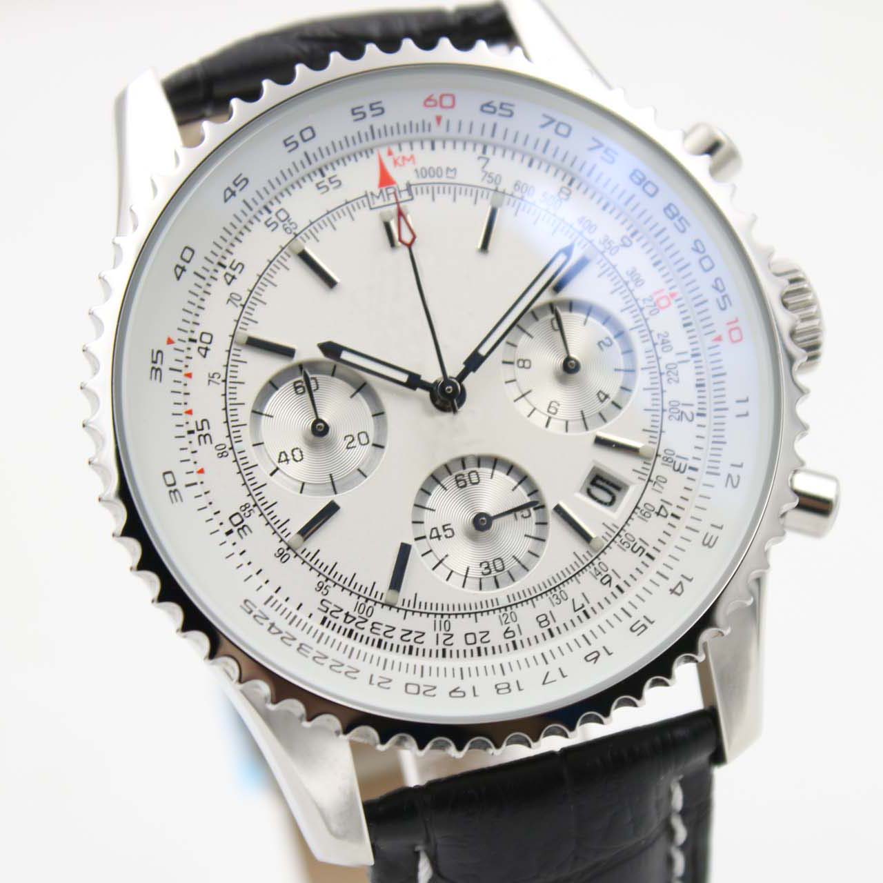 

New Sport Date Watches Chronometre NAVITIMER Quartz Chronograph Watch Mens Classic Wrist Watch White Dial Black Leather Strap