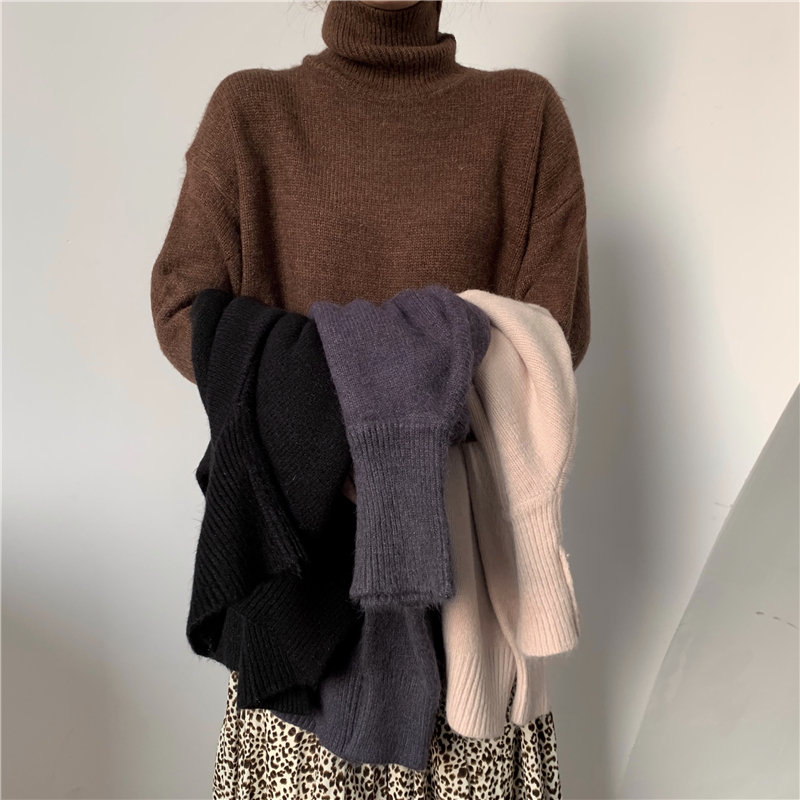 

HziriP Simple Knitted Winter Fashion Loose Gentle 2020 Split Turtleneck Thicken Women Retro Warm Basic Solid All-Match Sweater, Black
