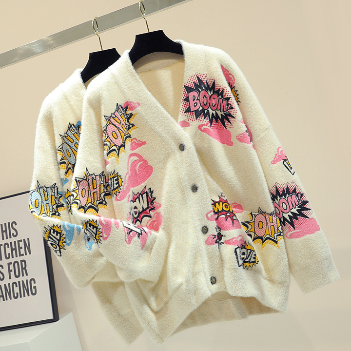 

2020 Korean Style Cardigan Sweater Female Chic Thickening Warm V-neck Letter Jacquard Knitting Jacket Student Winter Loose Cardigans, Same as picture