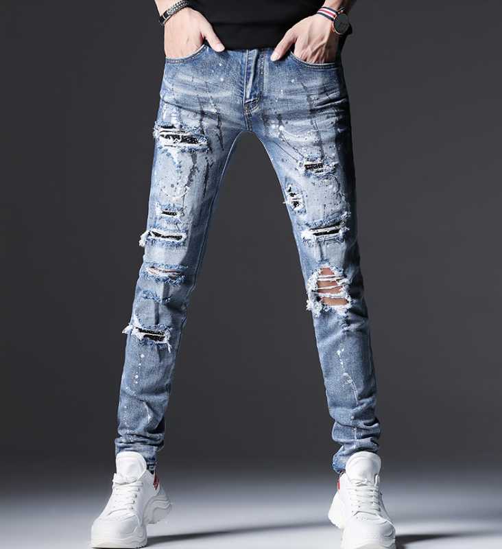 

Mens High Street Jeans Fashion Blue Slim Fit Destroyed Ripped Men Broken Pants Paint Rhinestones Diamond Hip Hop Jeans