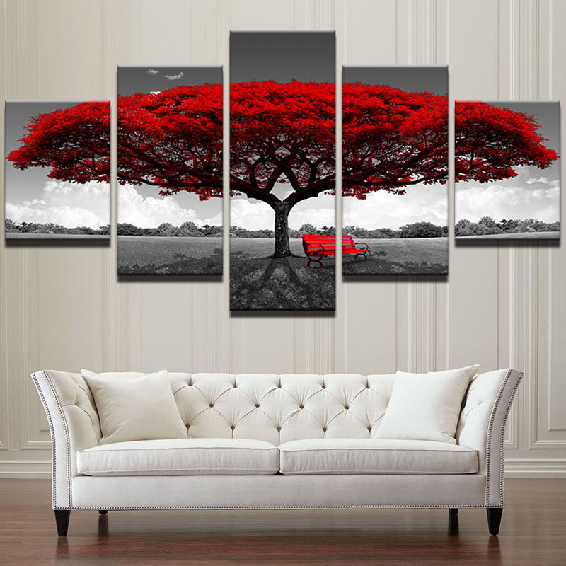 

Modular Canvas HD Prints Posters Home Decor Wall Art Pictures 5 Pieces Red Tree Art Scenery Landscape Paintings No Framed