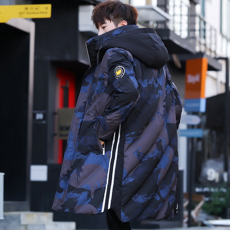 

New Winter Jacket Men's Cotton Jacket Handsome Long Cotton Coat Camouflage Thick Down Suit Korean Version, Blue