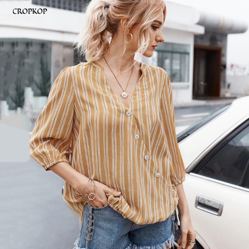 

Blouse Women White Summer Spring Striped Tops Shirts Button Up Casual Ladies Black Clothing Tunic 2020 Fashion Womens Clothes, Yellow