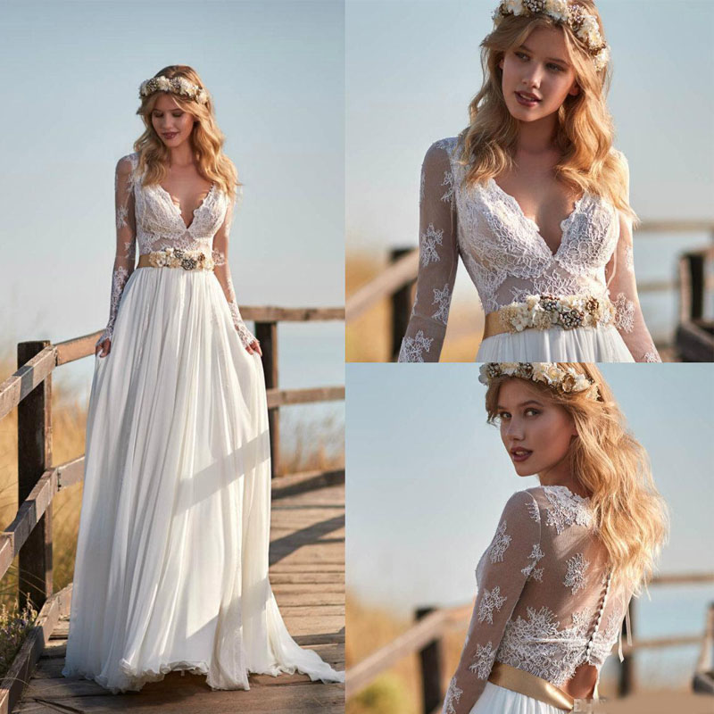 

Vintage Chiffon Long Sleeve Beach Wedding Dresses New Arrival V Neck Long Sleeves Bridal Gowns A Line Wedding Dress, Gold