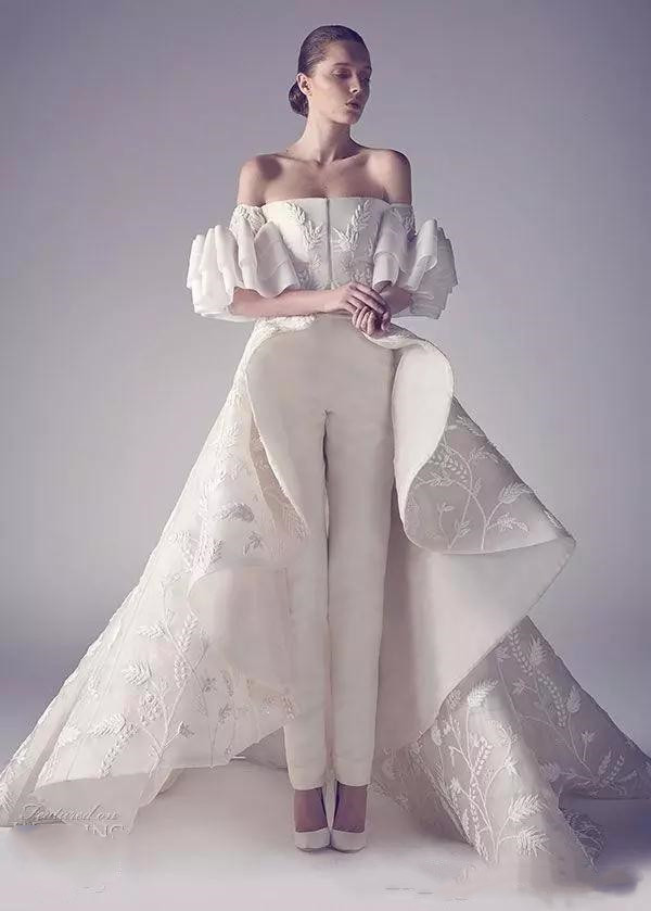 

Off Shoulder Ivory Wedding Dress Pants Suits Backless Bridal Gown Sweep Train robes de vestidos de novia, Red