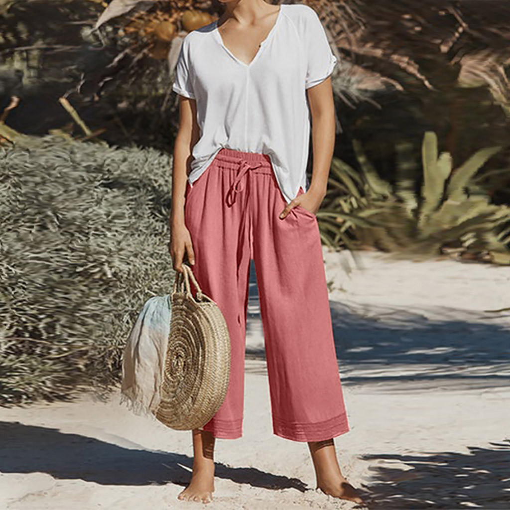 

Women' pants Casual Plain-Color Stitching Lace Plue Sized Wide-Legged Pants Loose Straight fashion women Elastic Waist, Sky blue