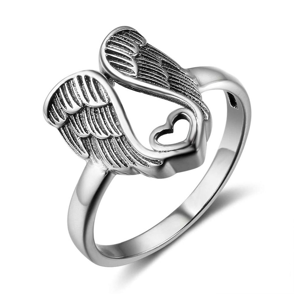 

Elegant Rings For Women Angel Wings Heart Shape Love Wedding Rings Vintage Stainless Steel Jewelry US Size 5-12, Silver