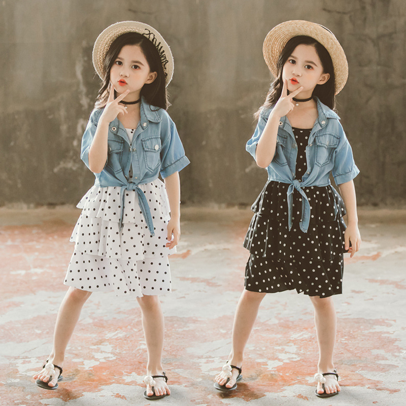 

Girls Clothes Suit Fashion Denim Short Sleeve Coat + Sling Polka Dot Dress 2PCS Set Kids Clothing Teenage Children Outfits, Black