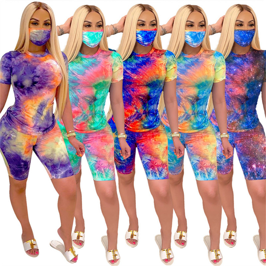Masque femme Sweatsuit tie dye 2 pièces ensemble t-shirt à manches courtes + mini short mode streetwear vêtements d'été sport costume de course 3
