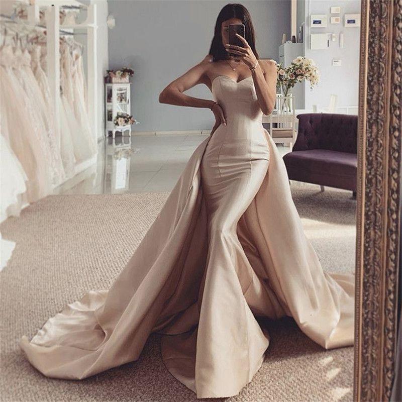 

Charming Champagne Evening Dresses 2020 Sweetheart Sleeveless Mermaid Satin Pleated Prom Party Gowns Wear Long Train vestidos de novia, Gold