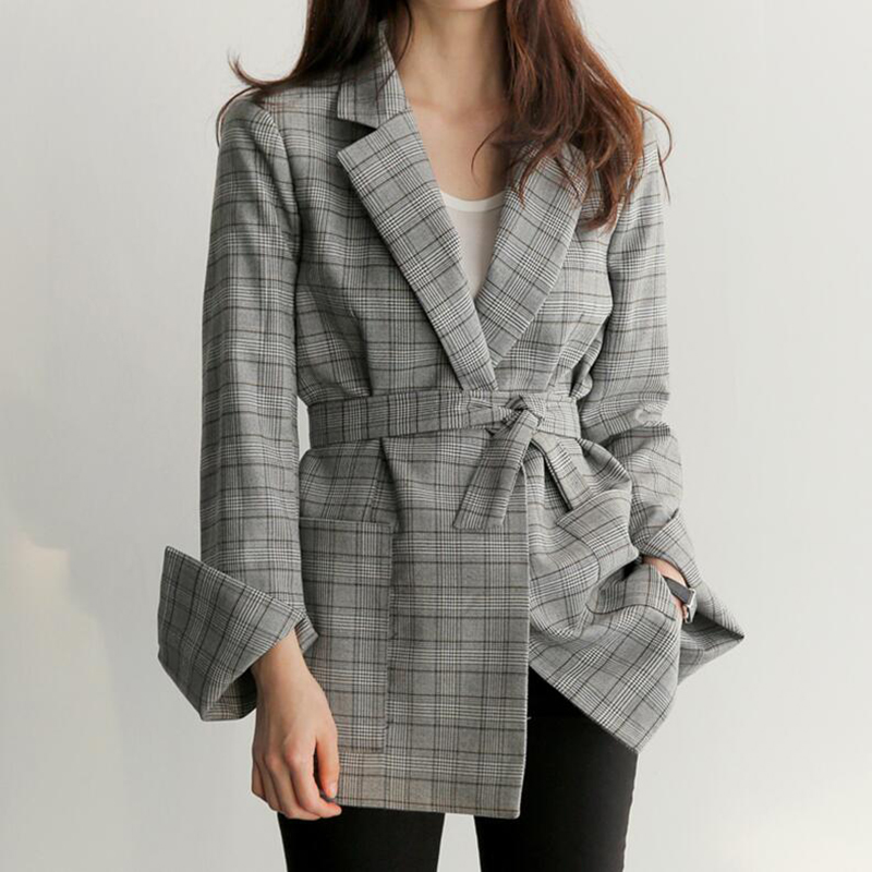 

2020 Long Sleeve New Spring Gray Plaid Belted Office Lady Blazer Women Jacket Fashion Notched Collar Work Suit Elegant Work Blazers Feminino, Same as picture