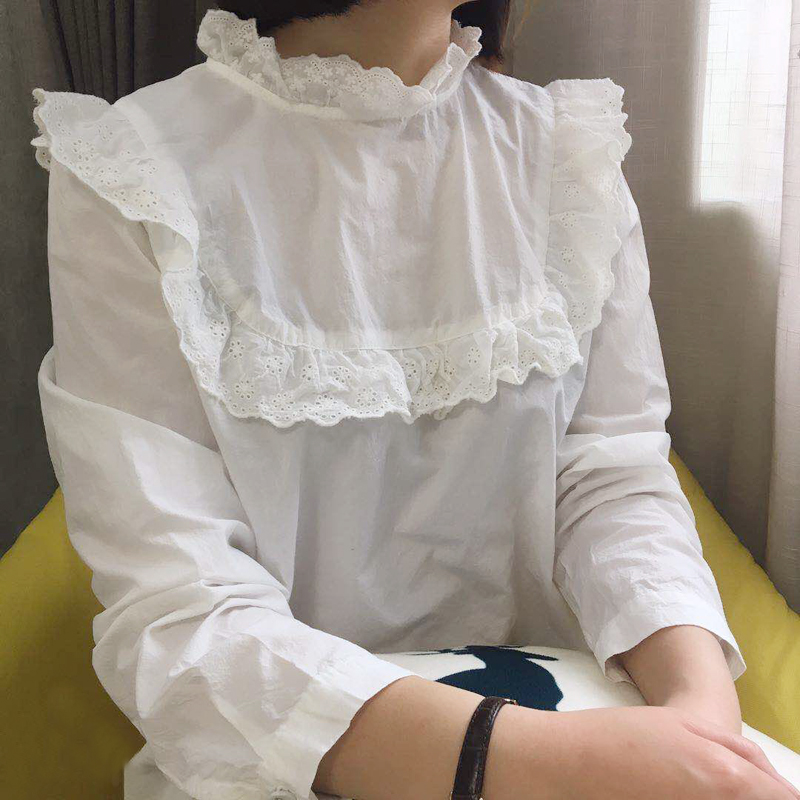 

Royal vintage ruffles patchwork solid white cotton shirt blouse lolita