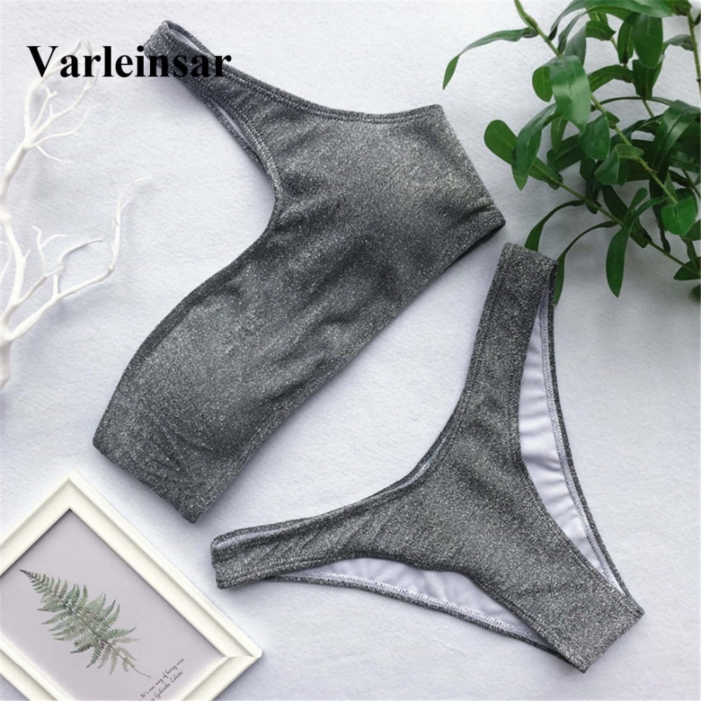 

Shiny Glitter Sparkling Bikini 2019 Swimsuit Female Swimwear Women Two-pieces Bikini set One Shoulder Bather Bathing Suit V1238, Silver