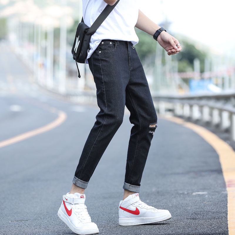 

Nine points jeans men's ripped pants men's casual feet pants slim summer beggars 9 points Korean version of the trend, My808 black