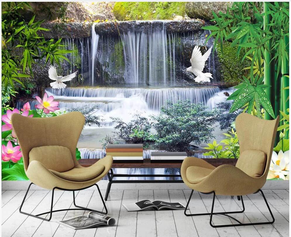 

3d wallpaer custom photo mural Flowing water waterfall bamboo forest landscape TV background decor living room wallpaper for walls 3 d, Non-woven