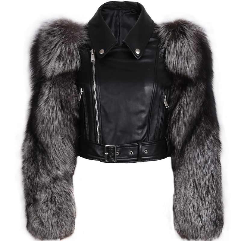 

genuine leather jacket fur sleeve women real leather and fur jacket, Black