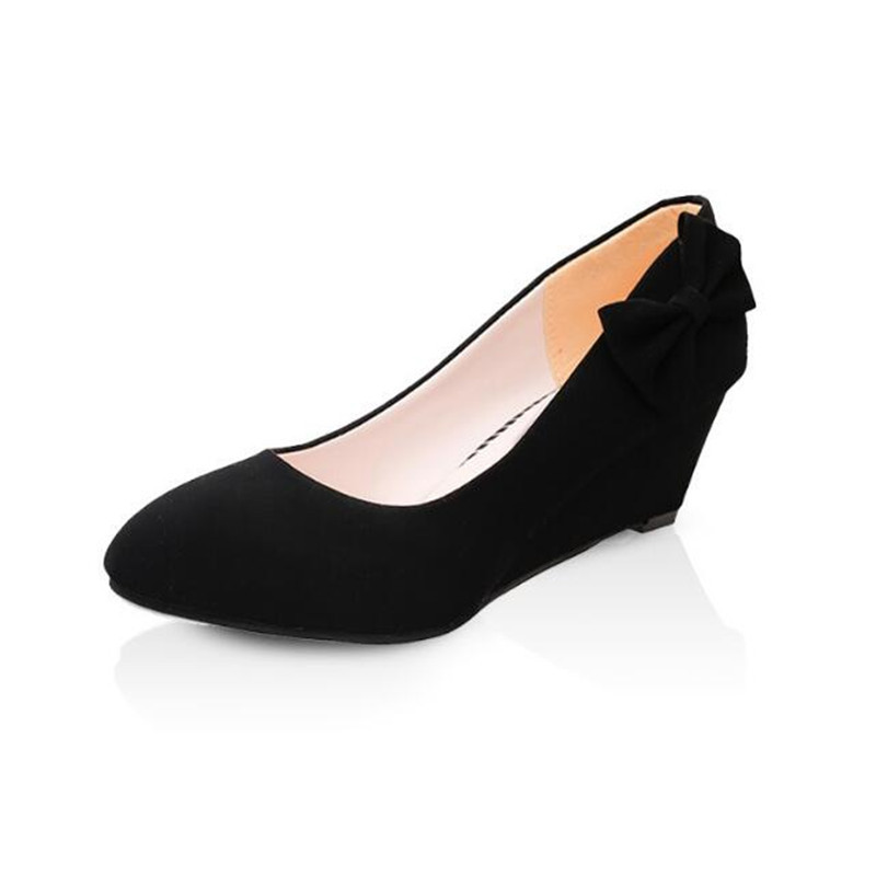 

Woman Shoes Spring And Summer Black New Round Head Suede Shoes With Bowknot Slope Shoes