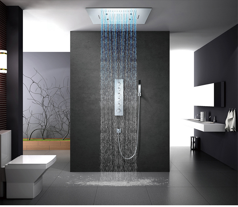 

Bathroom LED Shower Mixer Tap Ceiling Mounted Rain Waterfall Jet Shower Head With Handheld Spray+spout+4 way thermostatic valve controller