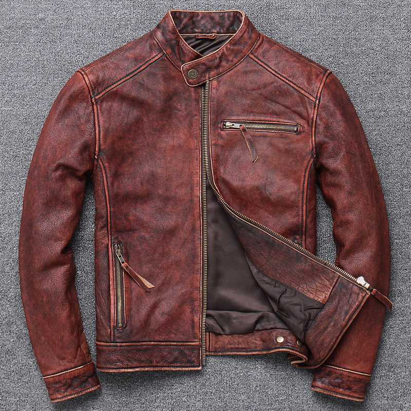 

Coat Real Cow Leather for Men Long Sleeve Jacket Short Vintage Moto&Biker Slim 2020 Spring Clothes 025, Black