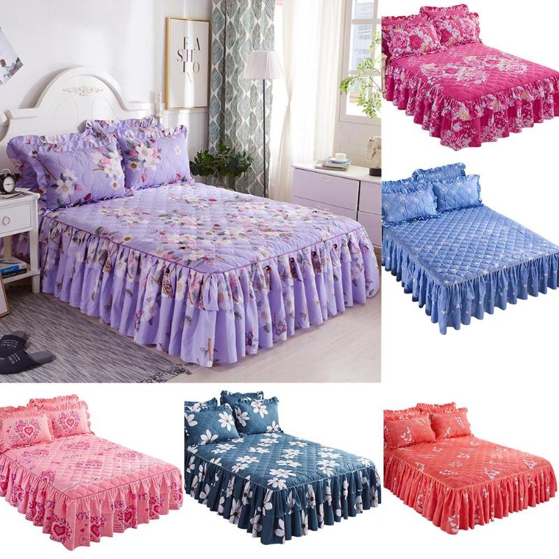 

Bedding Set 150 x 200cm 3 IN 1 Bed Skirt Bedspread Floral Printed Bed Sheet Cover with Pillow Case Double Layer Bedding Supplies