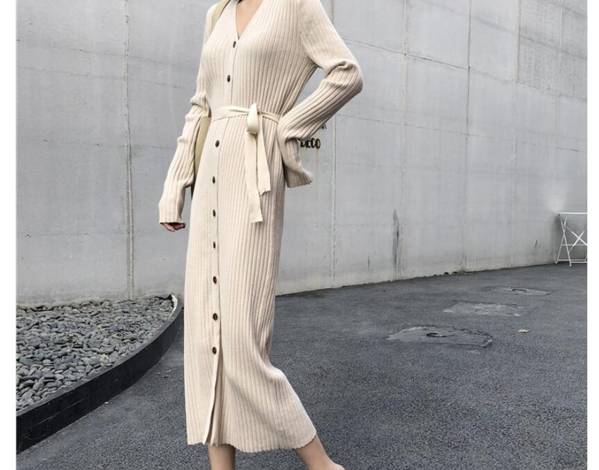 

2019 Elegant White Long Sleeve Knitted Sweater Dress French Style Black Single Row Buckle Slim Straight Dress Lace-up, Beige