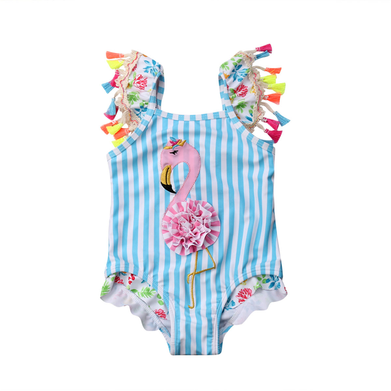 

Cute Swimwear Kids Girls Bikini Tassels Flamingo Print Swimwear Kids One Piece Swimsuit Children Swimsuit Bathing Suit Beachwear, As photo shows