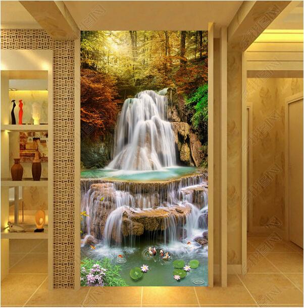 

3d wallpaper custom photo HD Golden Maple Leaf Forest Water Waterfall porch 3D background wall muals wall paper for walls 3 d, Sky blue