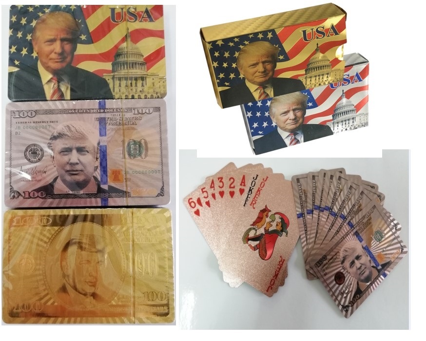 

4 styles Donald Trump 24K Gold Playing Cards Poker Game Deck Gold Foil Poker Set Plastic Card Waterproof Cards Magic trump banknote bill, As picture