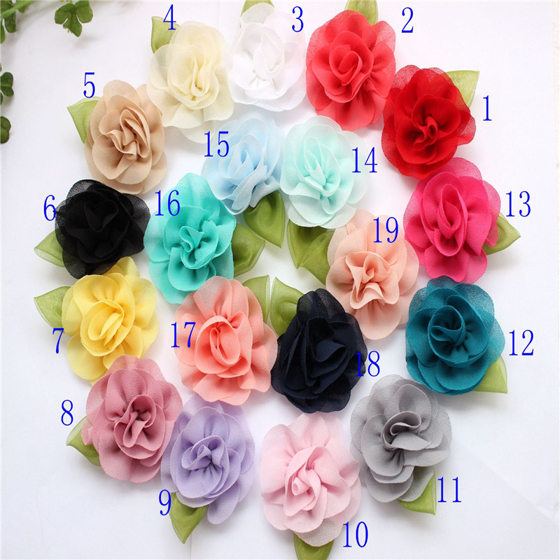 

6CM Polyester Chiffon Flower 35pcs/lot Boutique DIY Craft Garment Chiffon rose with leaves Hair Accessories, Randomly mixed color