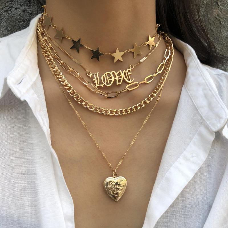 

Heart and Star Party Women's Pendant Necklace Fashion mulite layer Necklaces Jewelry Simple Ladies Pentagon-Star Jewelry Gifts