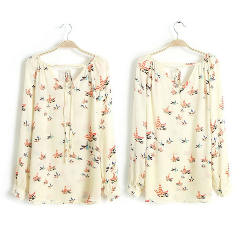 

2020 Newest Fashion Women Chiffon Top Blouse Short Long Sleeve Dove Print Casual Loose Shirt women clothes, 2#
