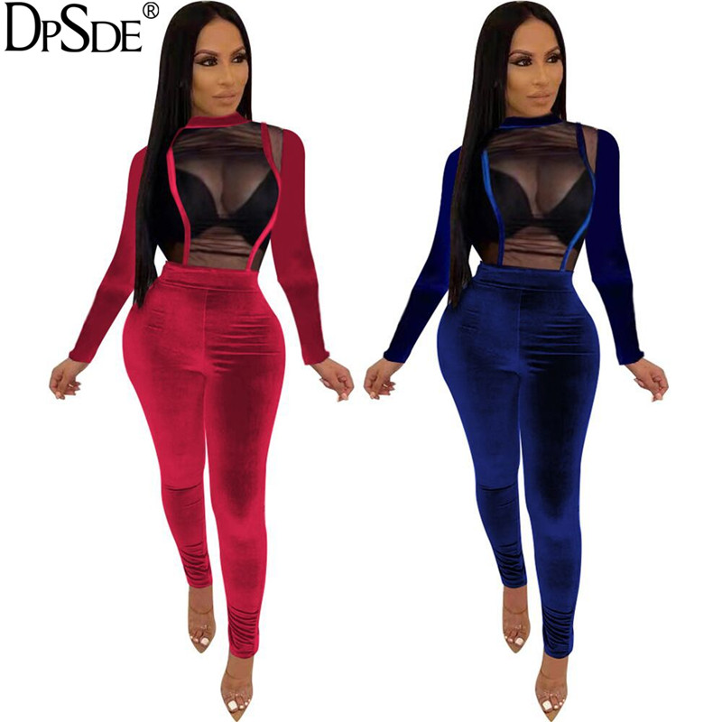 

2020 new women hot sale fashion sexy club party style jumpsuits long sleeve round neck hollow out jumpsuits long pants, Dark blue