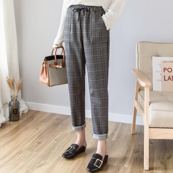 

2020 New Women Plaid Harem sweatpants Summer Elastic Waist Pants Women Trousers Slim Long Harem Pants pantalon femme DV876, Brown