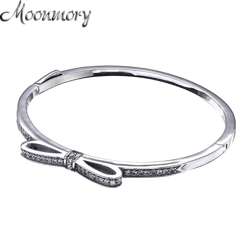 

Bangle Moonmory Sparkling Bow S925 Sterling Silver Tie Shaped Bracelet With Clear Zircon For Woman Diy Jewelry