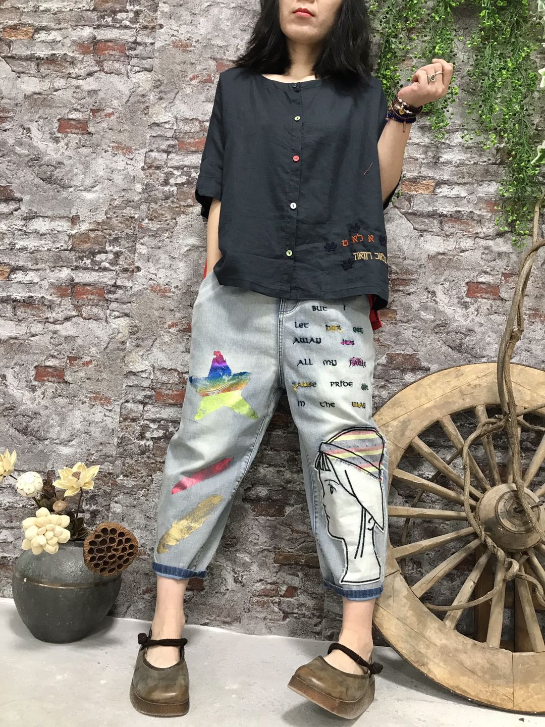 

Blueberries Silk Pasted Cloth Loose Thin Elastic Waist Harlan Female Trousers Bk4807, Blueberry