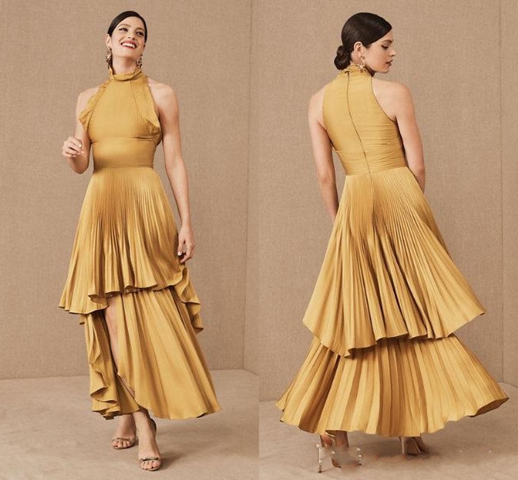 

2020 Modest Orange Tiered Maid Of Honor Dress bridesmaids Dresses Asymmetrical Skirt High Neck Open Back Pleated Cocktail Party Dress Gowns