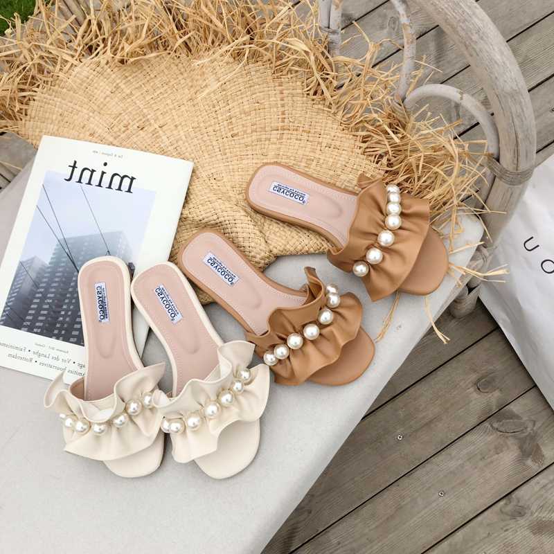 

Summer Designers Women Slippers Outside String Bead Open Toe Casual Sandals Woman Shoes Fashion Beach Sexy Slides Flat, Beige