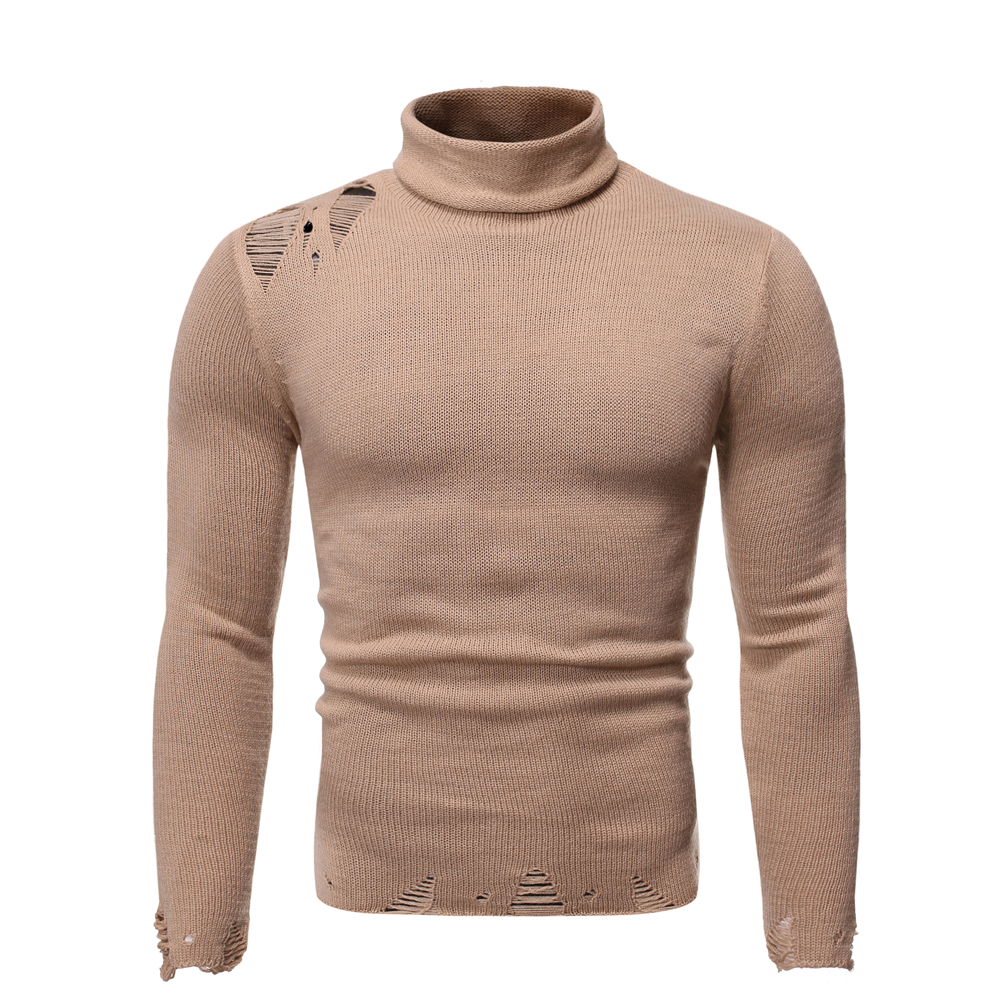 

New Loose Solid Knit Turtle Neck Sweater for Men Autumn and Winter Men's Sweater High Collar Hole Sweater, Black