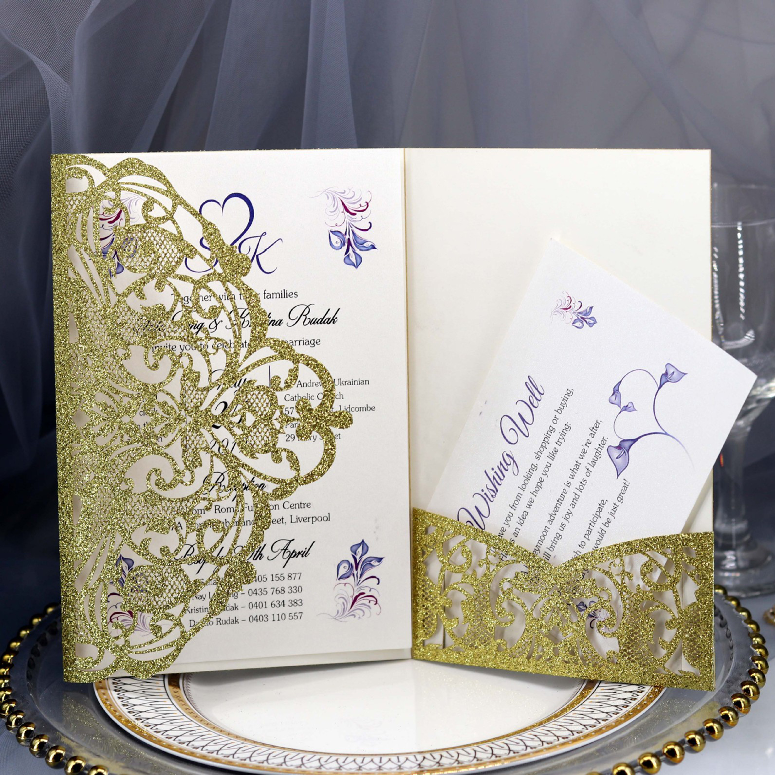 

High Class Gold Glitter Laser Cut Pocket Wedding Invitations with RSVP Card and Envelope Printable Hollow Floral Trifold Quinceanera Invites, Silver