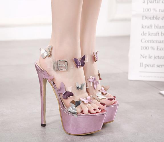

Fashion designer transparent butterfly purple bridal wedding shoes summer sexy high heels party sandals with ankle strap size 35-40
