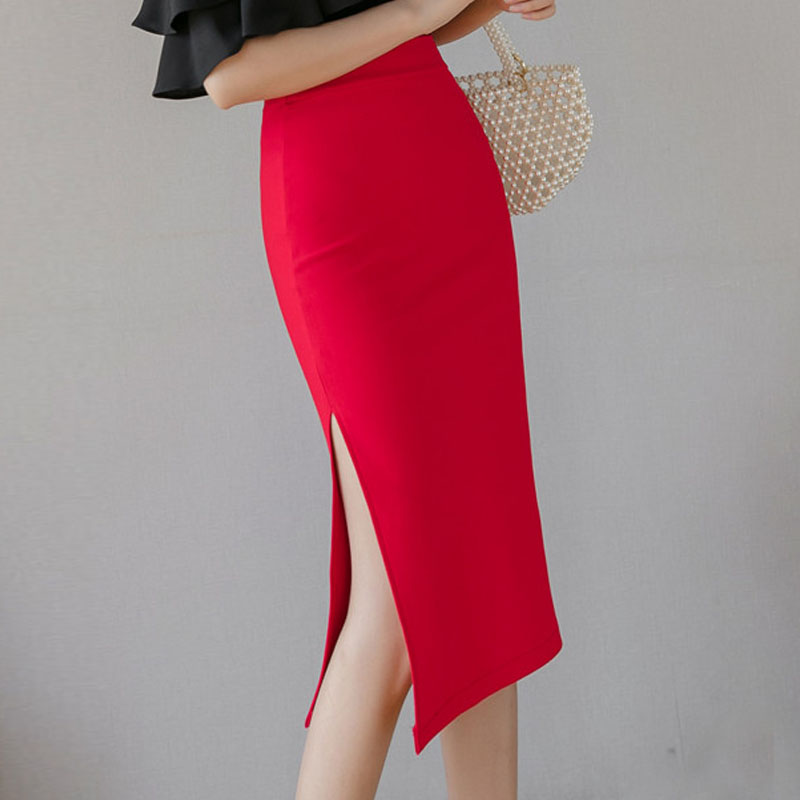 

skirts womens faldas mujer moda 2020 slim sexy Split pencil skirt high waist red black skirt women office lady woman skirts D164