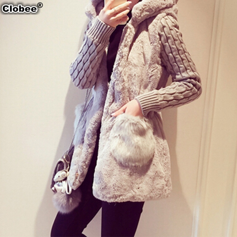 

artificial fur coat 2020 Winter Coat Women Hooded Tops Fluffy Faux Fur Knit Splice Outerwear Pockets Elastic Waist Long, White